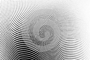 Abstract monochrome grunge halftone pattern. Curved lines. Half tone vector illustration with dots