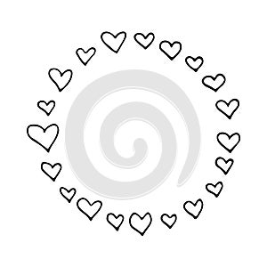 Abstract monochrome hand drawn vector round frame with hearts, perfect for valentine`s day design