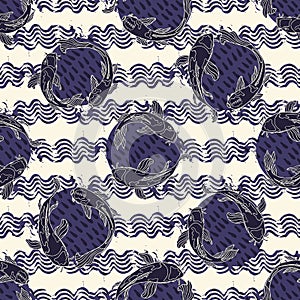 Abstract monochrome Japanese inspired design with koi fish waves and circles representing water element and enso circular symbol