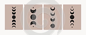 Abstract moon phases posters. Mid century lunar minimalist art decor, mystic contemporary print. Vector design.