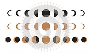 Abstract moon phases posters. Mid century lunar minimalist art decor, mystic contemporary print. Vector design