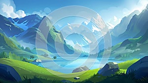 This abstract morning alps wallpaper features a mountain lake modern nature landscape background with blue horizon and