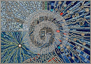 Artwork depicting a human head profile integrated with digital