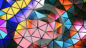 Abstract mosaic background, colorful polygons on black, trangle shapes stained glass