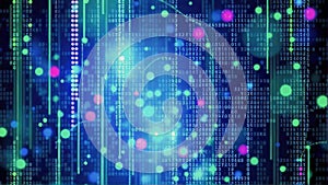 Abstract mosaic of data, binary code and futuristic light particles