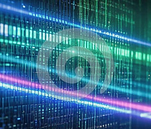 Abstract mosaic of data, binary code and futuristic light particles