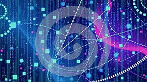Abstract mosaic of data, binary code and futuristic light particles