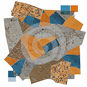 Abstract mosaic design composed of irregular, angular pieces in orange, blue, and