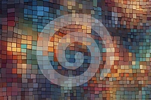 Abstract mosaic featuring an array of colorful square tiles arranged in a swirling, dynamic pattern.