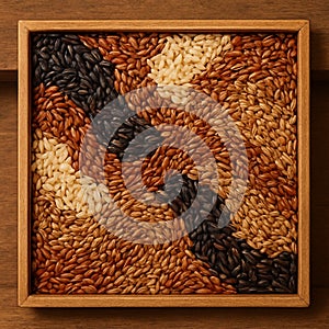 Abstract Mosaic Pattern of Various Raw Rice Grains in a Wooden Frame AI-GENERATED