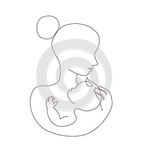 Abstract mother with a child in continuous one line drawing art style. Mother`s Day card