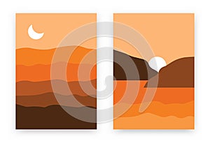 Abstract mountain backgrounds. Hand drawn poster set with hills, river, clouds, sun, moon scandinavian style. Vector wall decor