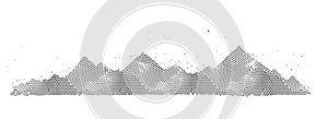 Abstract mountain with dot halftone gradient texture vector landscape background. Black graphic hill shape illustration