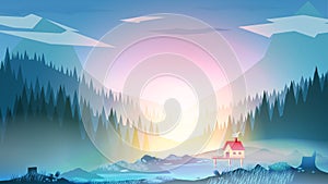 Abstract Mountain Lake with House and Forest - Vector Illustration