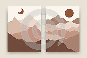 Abstract mountain landscapes. Contemporary posters, boho backgrounds, modern vector sun moon printable wall decor