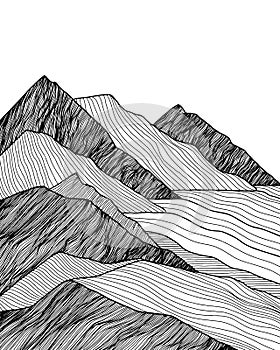 Abstract mountain line art landscape. Hand drawn illustration. Ocean landscape view. Geometric line drawing vector. Black and