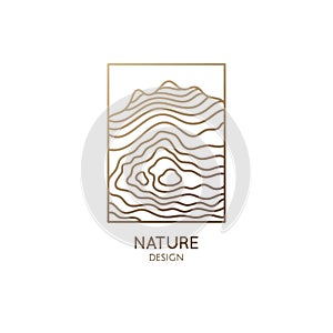 Abstract mountain logo. Natrural minimalistic landscape icon with topographic structure. Vector pattern with wavy lines