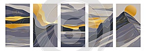 Abstract mountain posters. Doodle modern bohemian aesthetic graphic. Covers with nature scenery. Rock scenic panoramas