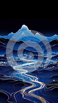 abstract mountains stand in stark contrast against a dark background, while a river of light winds