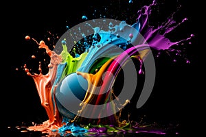 Abstract multi color paint explosion with splashes on black background. AI Generative