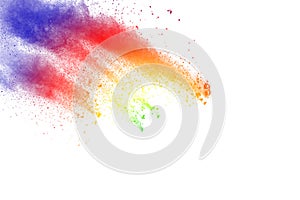 Abstract multi color powder explosion on white background.