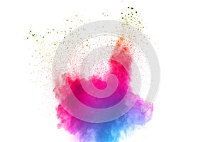 Abstract multi color powder explosion on white background.