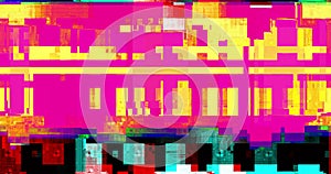 Abstract multi color realistic screen glitch flickering, analog vintage TV signal with bad interference and color bars, static