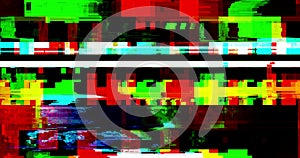 Abstract multi color realistic screen glitch flickering, analog vintage TV signal with bad interference and color bars, static