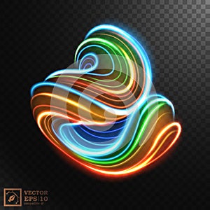 Abstract Multicolor Swirl Line of Light, isolated on dark background. Vector Illustration