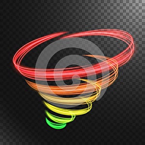 Abstract multicolor tornado line of light with a transparent background, isolated and easy to edit. Vector Illustration