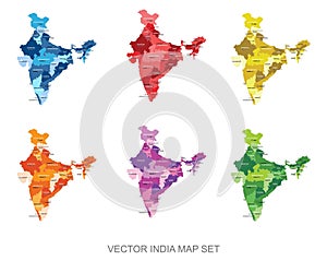 Abstract multicolor vector design set of India map with states and their respective capitals name and border.