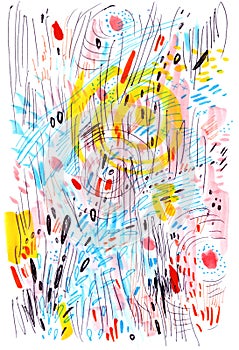 Abstract multicolored background drawn by markers and pens. Sketch made with scribbles, marker, canyon strokes.