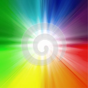 Abstract multicolored blurred background, rainbow colors, design, light center, graphic, white rays from the center, blue, red,