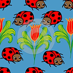 Abstract multicolored bright seamless pattern in the form of flowers of tulips and ladybugs insects. Design for wallpaper, covers,