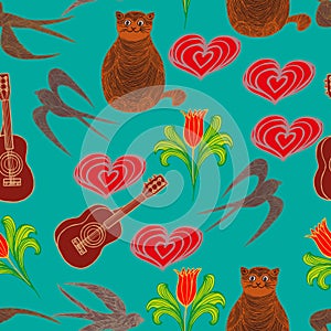 Abstract multicolored bright seamless pattern in the form of hearts, cats, birds, guitars, flowers. Design for wallpaper, covers,