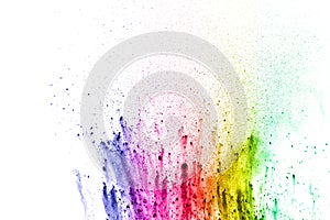 Abstract multicolored dust splatter on white background.