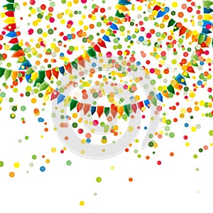 Abstract multicolored explosion of many falling tiny confetti pieces and bright colors holiday garlands from flags