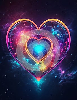 Abstract multicolored futuristic heart on a space background