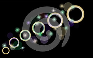 Abstract, multicolored, neon, bright, glowing circles, balls, bubbles, planets with stars on a black background of space.