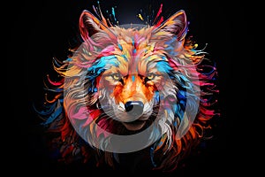 Abstract, multicolored neon portrait of a fox looking forward, in the style of pop art on a black background