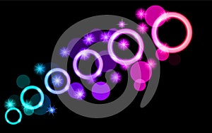 Abstract, multicolored, neon, purple, pink, bright, glowing circles, balls, bubbles, planets with stars on a black background of s