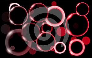 Abstract, multicolored, neon, shiny, bright, red, glowing circles, balls, bubbles, light spots with bokeh effect with stars on a b