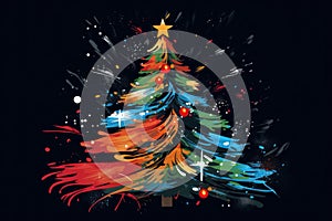 Abstract multicolored painted of Christmas tree on a black background. Generative AI