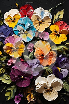 Abstract multicolored pansies flower art oil painting texture. Pallet knife artwork on canvas wallpaper.