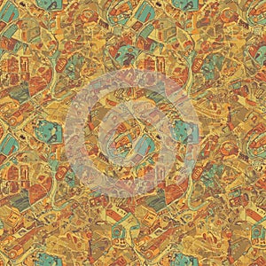 An abstract, multicolored pattern featuring a complex array of interconnected shapes