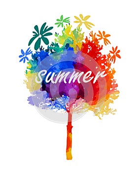 Abstract multicolored tree. Summer rainbow tree. Mixed media. Vector illustration