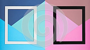 Abstract multicoloured paper texture minimalism background. Minimal geometric shapes and lines composition with picture frame.