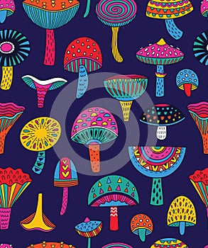 Abstract mushrooms seamless pattern in hallucinogenic colors photo