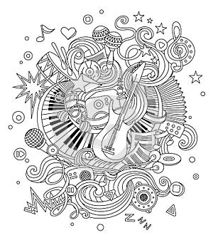 Abstract Music Background, Collage with musical instruments. Hand drawing Doodle, vector illustration