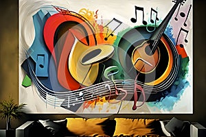 Abstract Music Background with Guitar and Music Notes. 3D Rendering